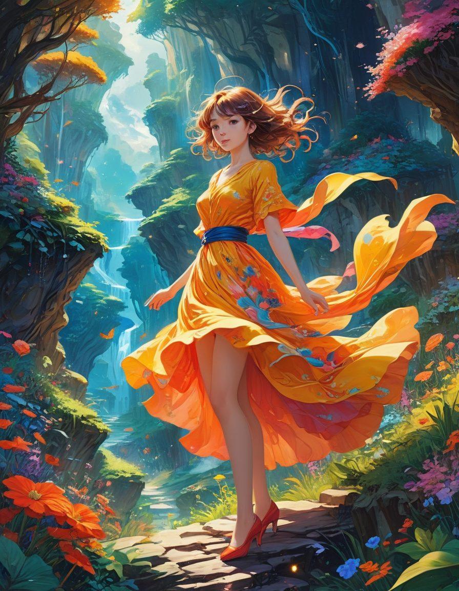 An artistic representation of a fantastical world where vibrant anime characters come to life, featuring an ethereal landscape of colors and dreamlike elements. Include bold, expressive poses and intricate details that charm the viewer, intermingled with hints of adult themes subtly woven into the fabric of the art. Surround this scene with swirling patterns and abstract shapes to evoke a sense of exploration and allure. The characters should have a playful yet sophisticated aura. bright colors. anime style. whimsical.